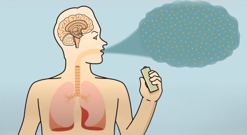 Una ilustración médica transversal de la exhalación de partículas de vapeo.