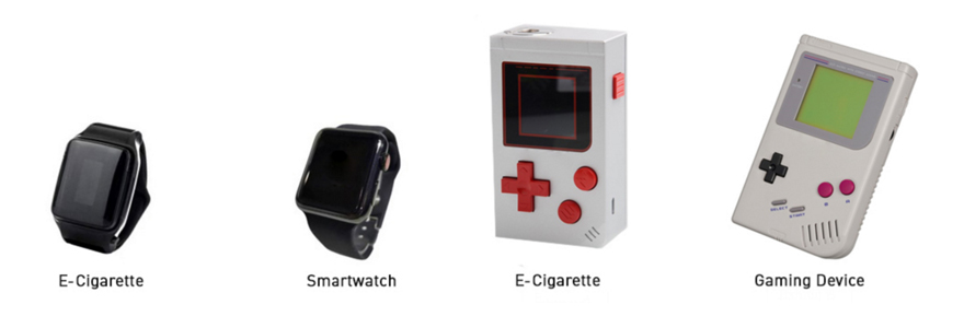 smartwatches and gaming devices next to their vaping counterfeits
