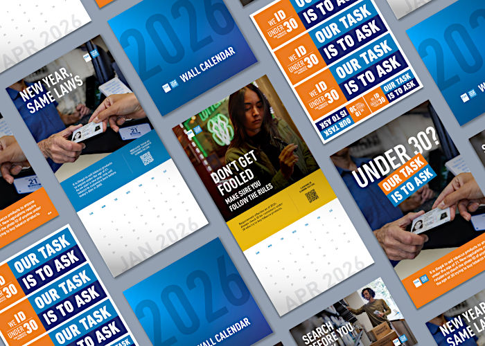 Collage of tobacco prevention print materials, including posters and wall calendars with messages about ID requirements, under-30 age checks, and following tobacco sales laws.